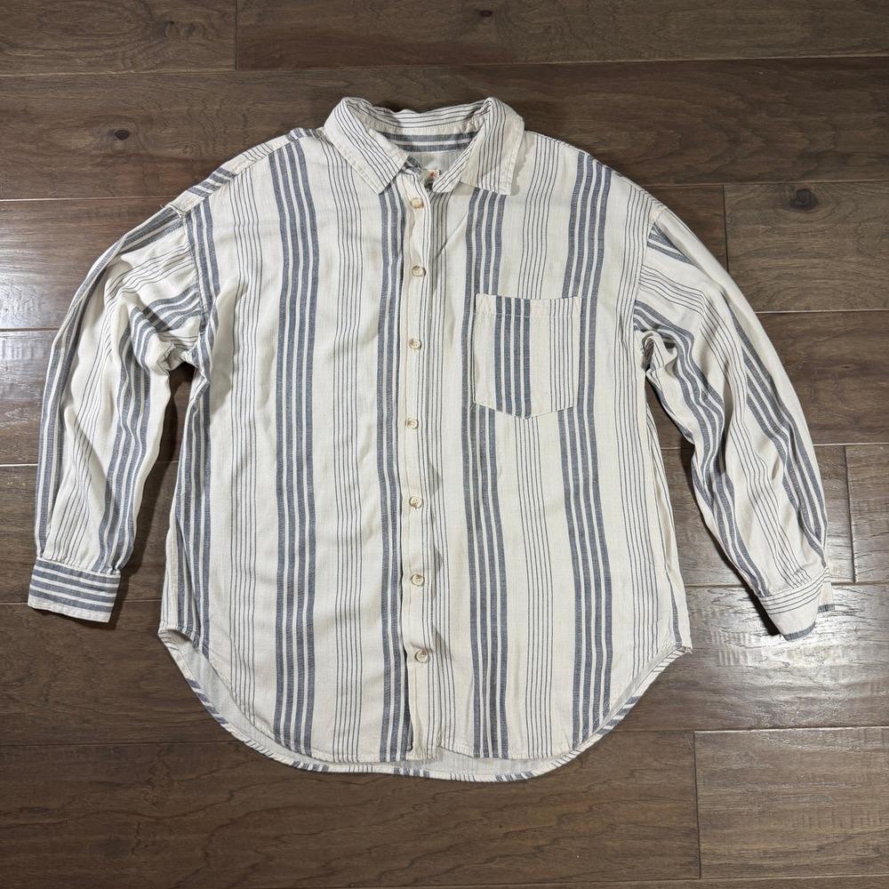 April Kiss‎ Womens Linen Blend Striped Button Down Shirt Ivory Navy Blue Large